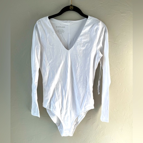 NWT EVERLANE LONG SLEEVE V NECK BRIEF BODYSUIT IN WHITE XS M - Picture 4 of 5